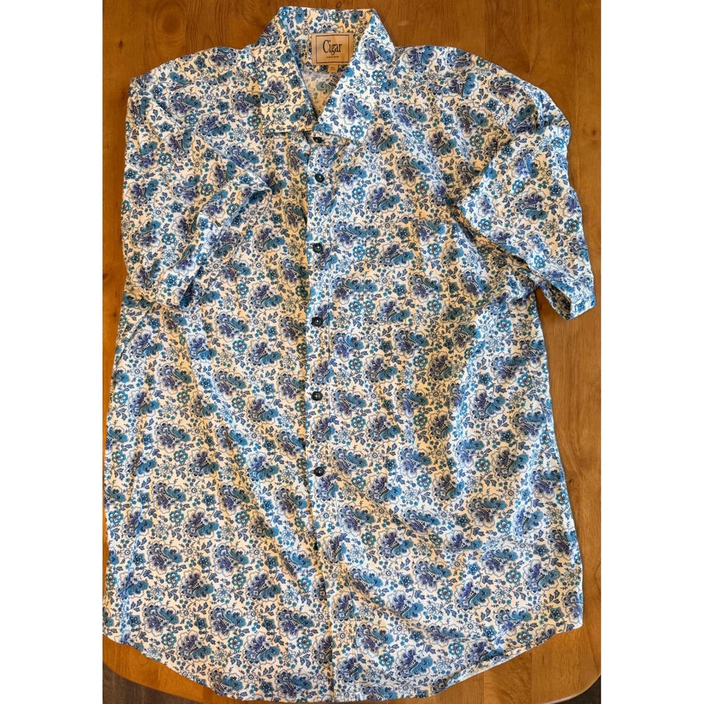 Cigar Couture Mens XL Blue Floral Paisley Cotton Short Sleeve Button Down Shirt